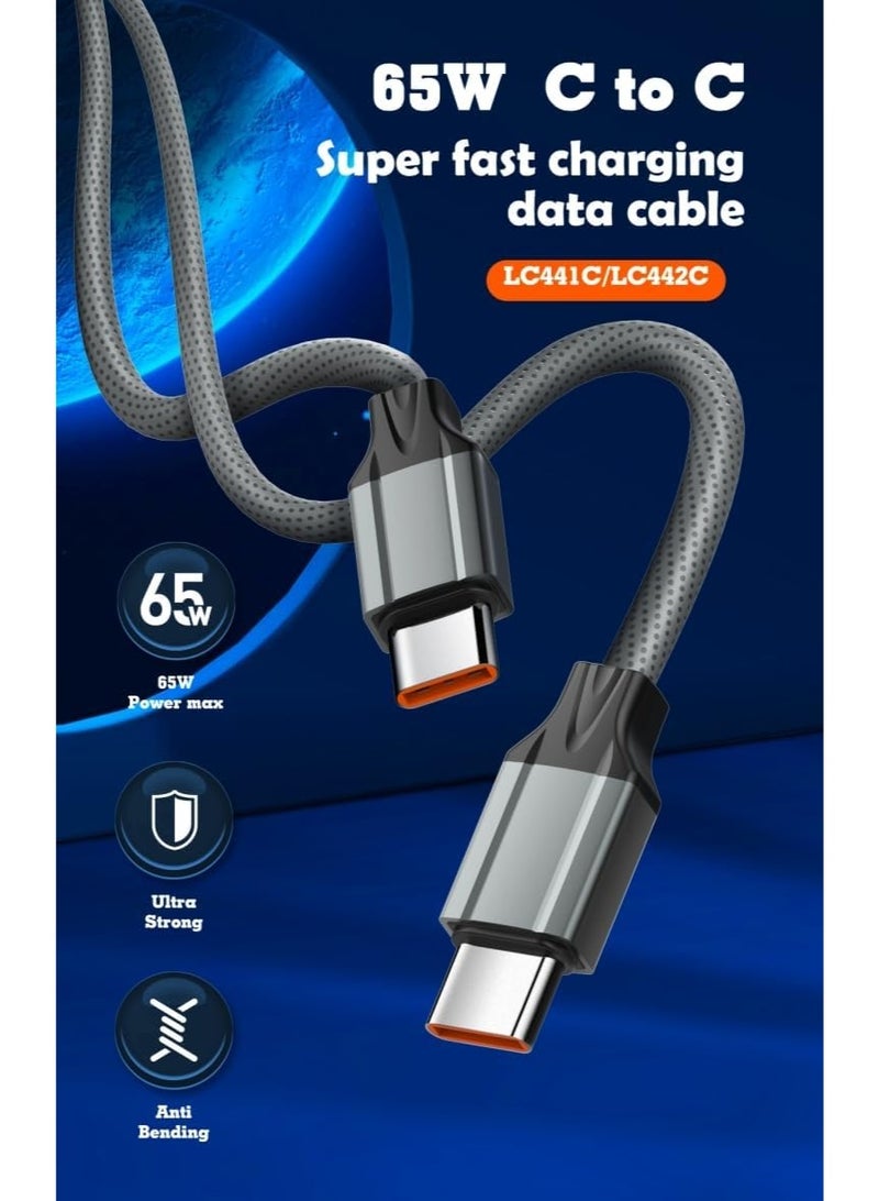 لدنيو كابل بيانات سريع الشحن LC441C بقوة 65 واط من النوع C إلى النوع C بطول 1 متر مع خاصية منع ارتفاع درجة الحرارة - رمادي - Image 4