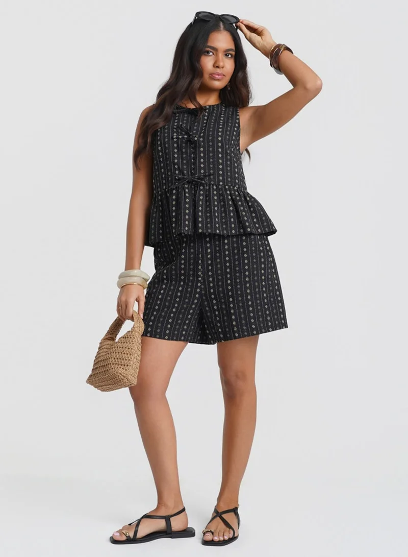 Black Floral Tie Front Peplum Co-ord Top