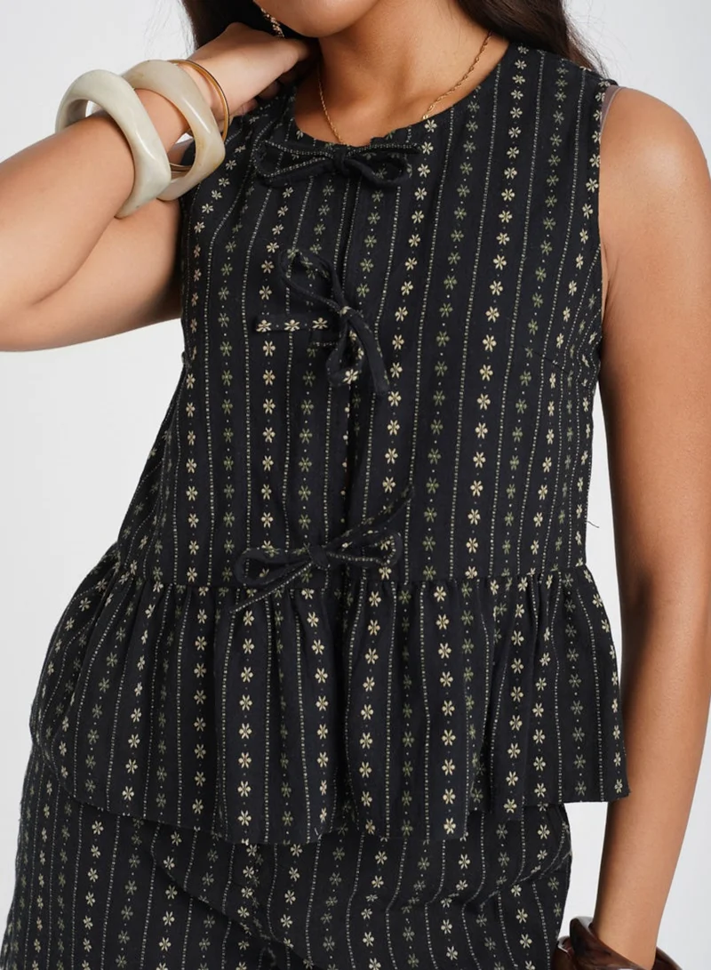 Needs No Label  Black Floral Tie Front Peplum Co-ord Top for Women | Best Price UAE