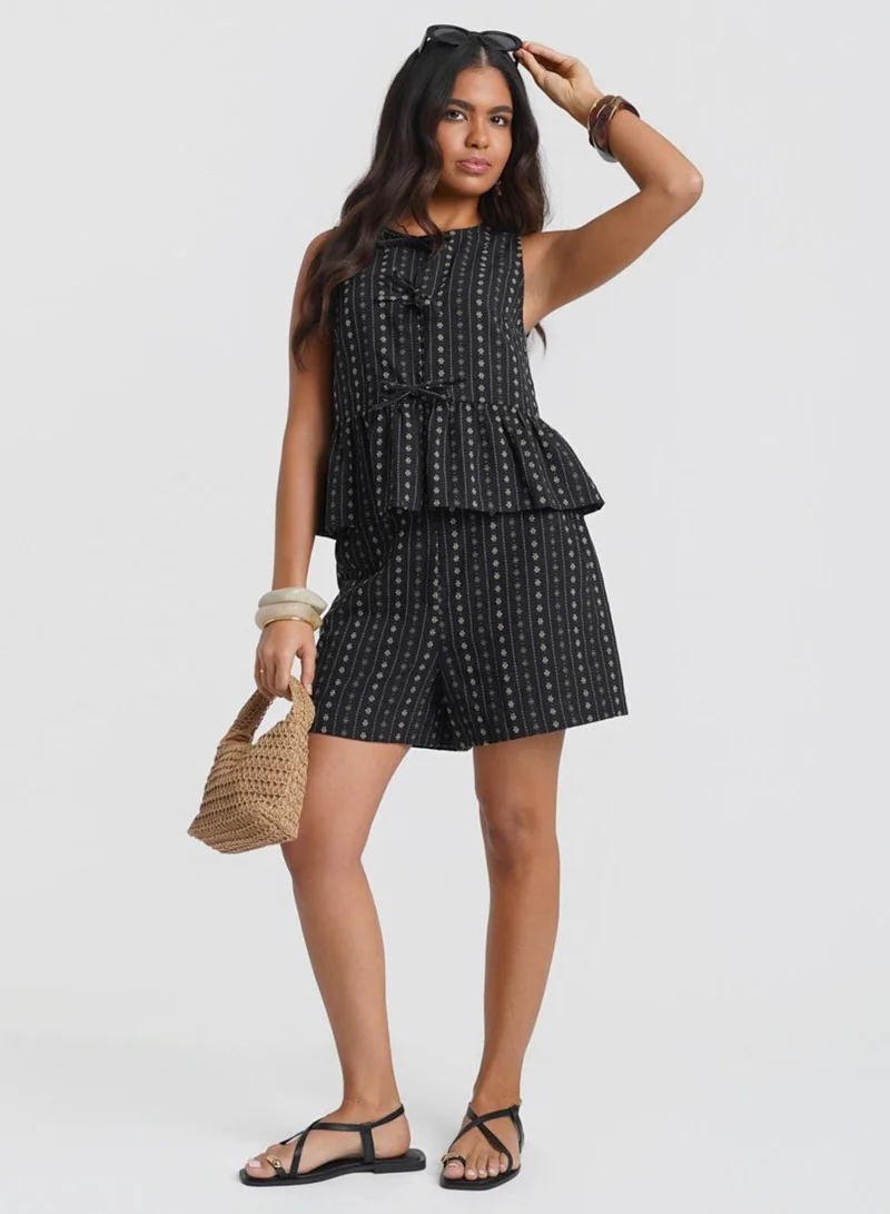 Needs No Label Black Floral Tie Front Peplum Co-ord Top
