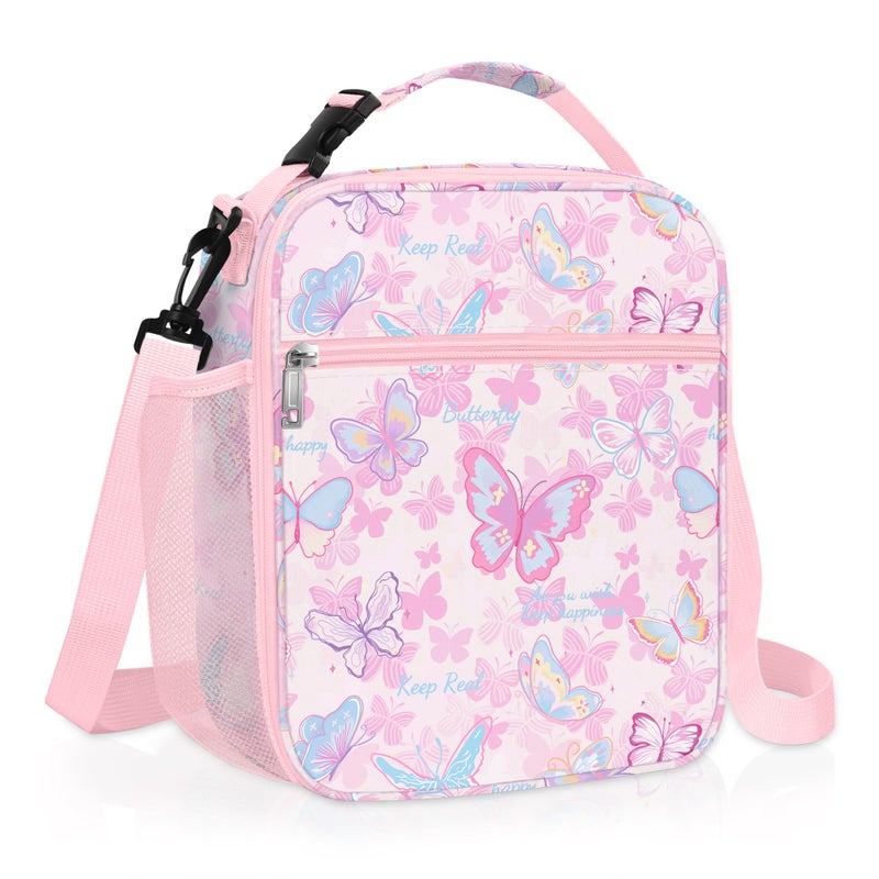 Clastyle Pink Butterfly Insulated Lunch Bag for Kids, Portable Large Thermal Cooler Lunch Bag for Girls, School Lunch Box Bag with Bottle Holder - Image 1