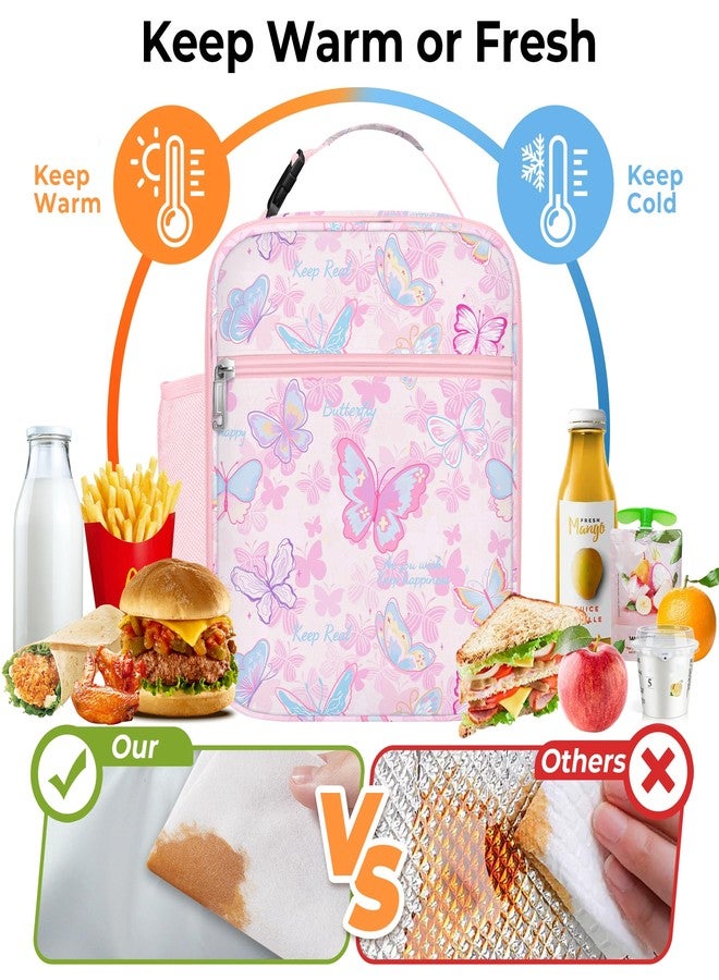 Clastyle Pink Butterfly Insulated Lunch Bag for Kids, Portable Large Thermal Cooler Lunch Bag for Girls, School Lunch Box Bag with Bottle Holder - Image 3