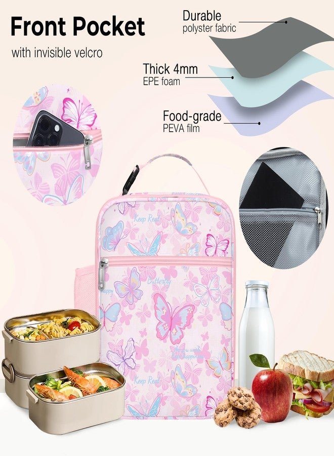 Clastyle Pink Butterfly Insulated Lunch Bag for Kids, Portable Large Thermal Cooler Lunch Bag for Girls, School Lunch Box Bag with Bottle Holder - Image 5