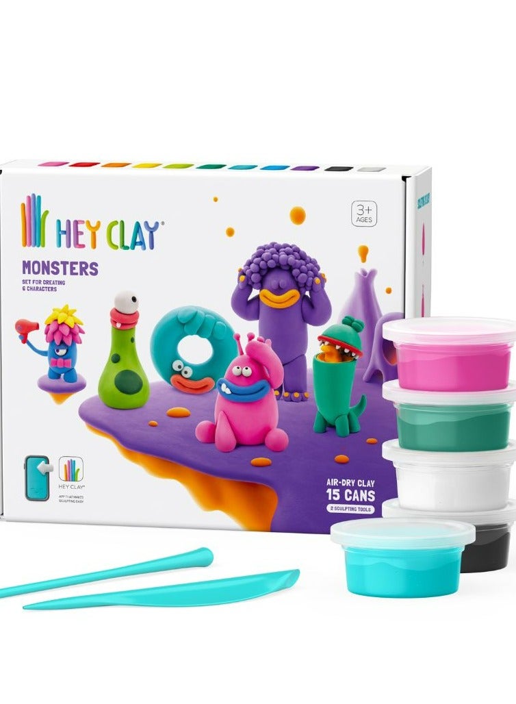 HEY CLAY Monsters Set-Colourful Modeling Kids-Air Dry Clay Kit 15 cans and Sculpting Tools with Fun Interactive Instructions App, Multicoloured - Image 1