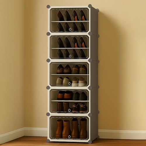 Oumffy 10 Shelf DIY Shoe Rack Box Organizer | Multi-Purpose Plastic Shoe Rack for Home | Home Storage Rack with Door for Entryway, Chappal | EMAIL DELIVERY in 24 HRS - Clean (Grey, 5-DOOR-10-SHELF) - Image 1