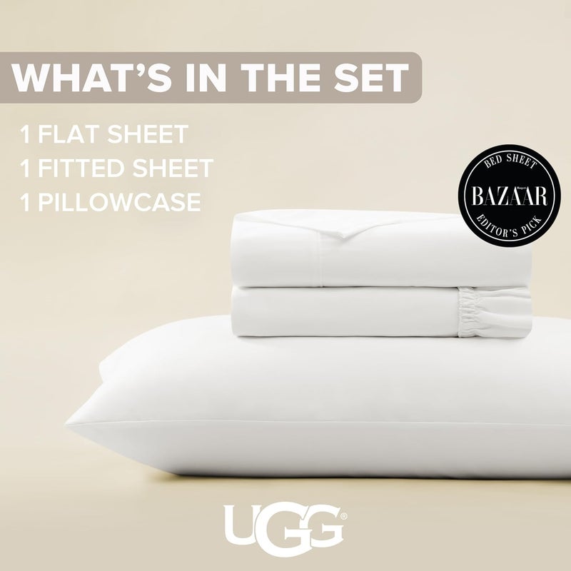 UGG Hedi Twin XL Sheet Set 3-Piece Luxury Cooling Sheets Deep Pockets Premium Bedding with 1 Pillow Sham Machine Washable Soft Lightweight Bed Set for Dorm Essentials & College Bedding, Twin XL, White - Image 3