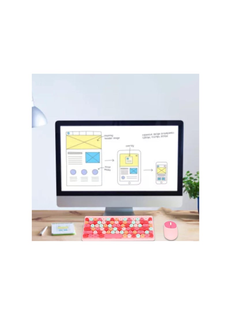 Wireless Keyboard Mouse Combo, 86 Keys Full Size 2.4 GHz Keyboard and Mouse Set with USB Receiver, Round Keycap, Automatic Power Saving Computer Keyboards Laptop Mouse(Pink)