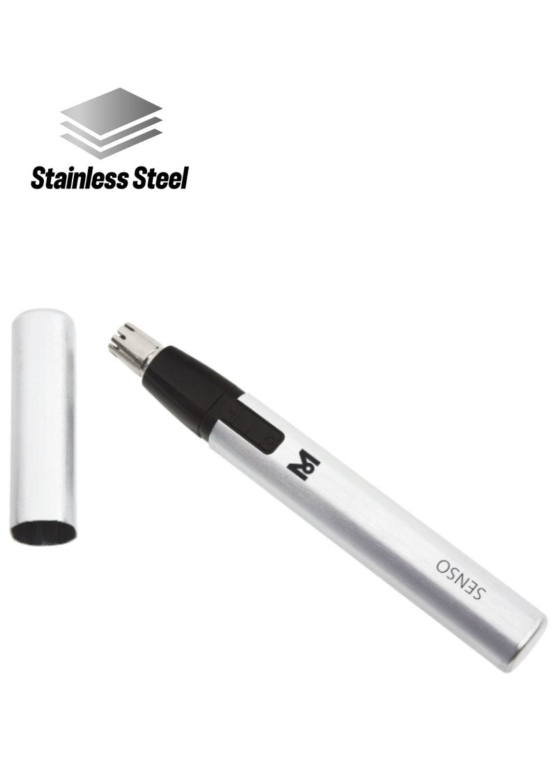 MOSER Nose And Ear Trimmer (Made In Germany), Precision Stainless Steel Cutting System, Battery-Operated, Lightweight Aluminum Body, Easy To Clean, Protective Cap And Box Included (4900-0050) Silver/Black - Image 1