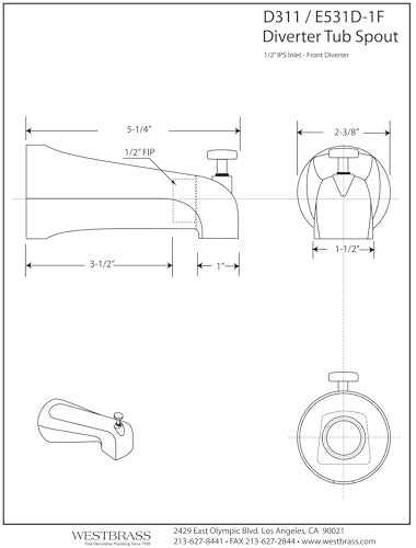 Westbrass Nose Diverter 512 Brass Tub Spout Polished Brass D31101 - Image 3