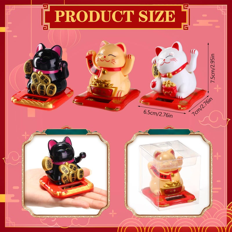 Wovnet 3 Pcs 2.95" Christmas Lucky Cat Waving Arm Maneki Neko Lucky Cat New Year Solar Feng Shui Fortune Wealth Chinese Welcoming Window Sun Catcher Car Dashboard Decor(Classic Color) - Image 2