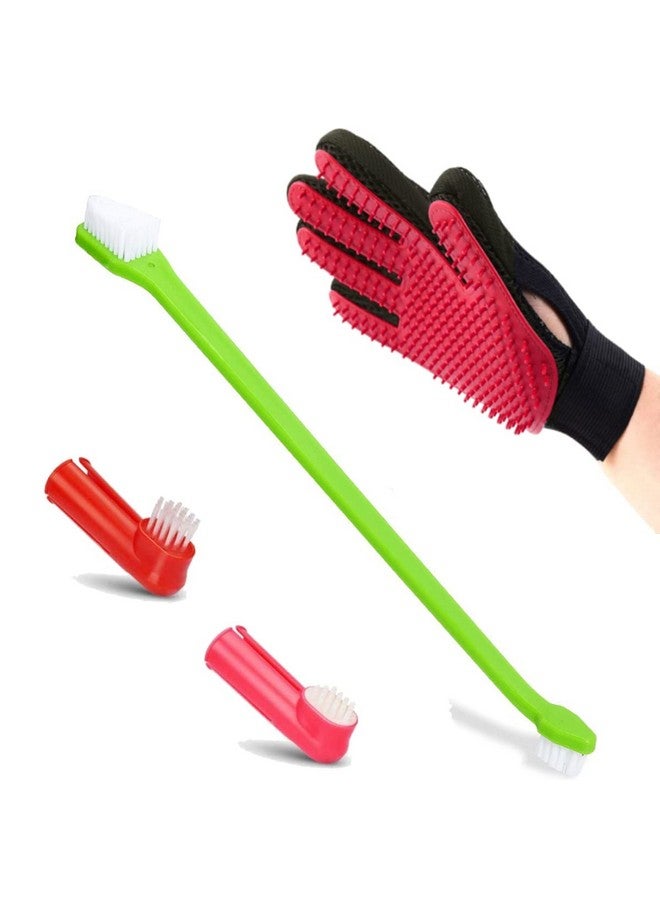 Sage Square Dog Toothbrush For Teeth & Dogs Removes Food Debris Double Sided With Long Curved + Pet Grooming Glove Perfect For Dog & Cat With Long & Short Fur - Pack Of 2 (Color May Vary) - Image 1