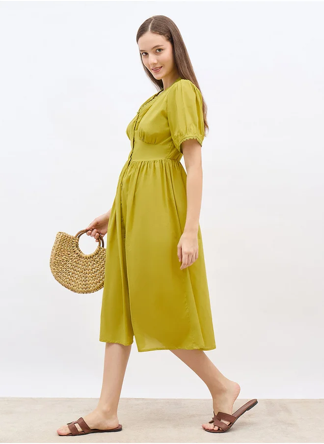 ستايلي Styli Solid Puff Sleeves A-Line Midi Dress with Lace Trim