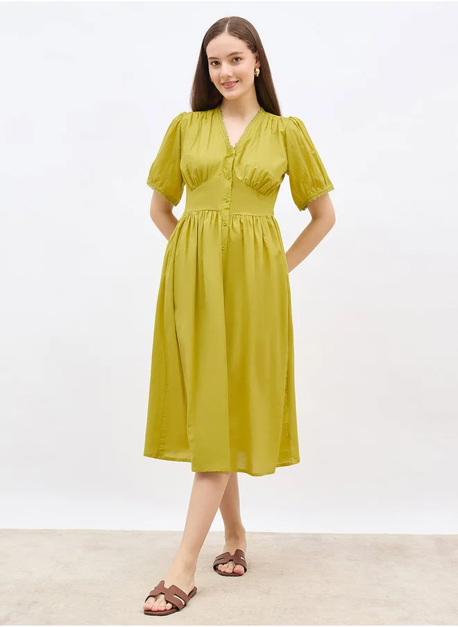 ستايلي Styli Solid Puff Sleeves A-Line Midi Dress with Lace Trim
