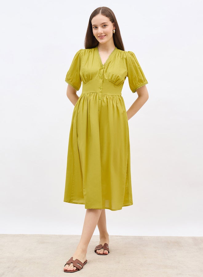 Styli Solid Puff Sleeves A-Line Midi Dress with Lace Trim - Image 2