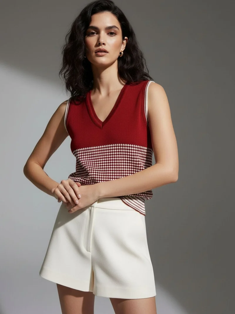 Outzidr  Wine V Neck Flat Knit Tank for Women | Best Price UAE