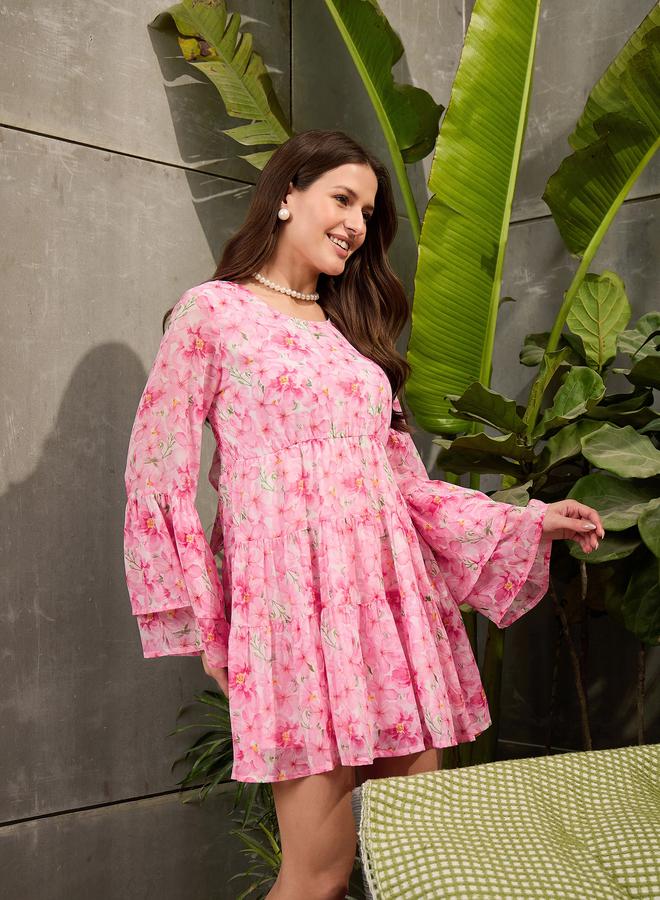 ساسافراس فستان قصير بطبعة زهور وتفاصيل مُجمعة - Image 3