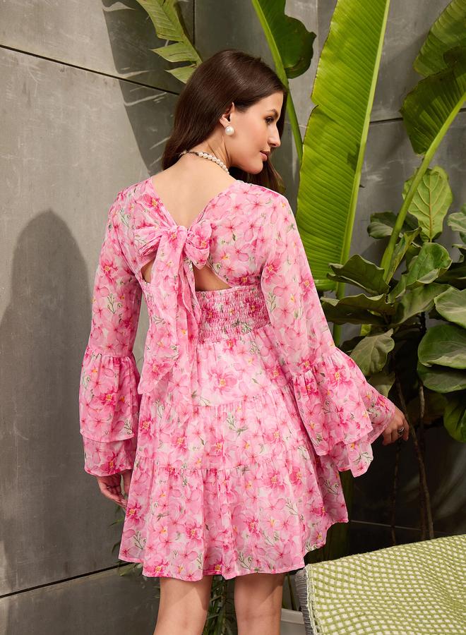 ساسافراس فستان قصير بطبعة زهور وتفاصيل مُجمعة - Image 5