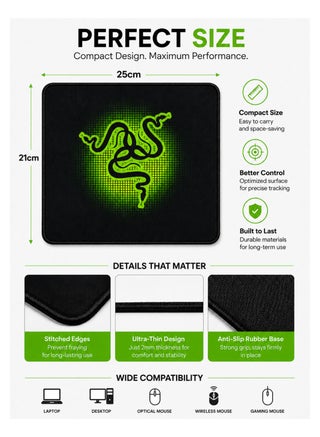 Compact Gaming Mouse Pad for Laptop and Desktop – 25 x 21 cm Black & Green – Mousepad Gaming, Mouse Mat, Big Mouse Pad - view 3