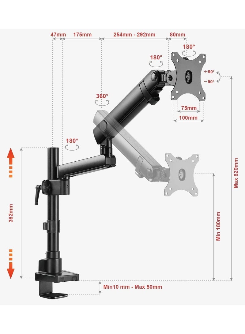 Newstar Single Monitor Arm Desk Mount – Spring-Assisted, Height Adjustable, Full Motion for 17″–32″ LED/LCD Screens – VESA 75×75/100×100 – Clamp & Grommet Base – Holds up to 8 kg LDT20-C012P - Image 2