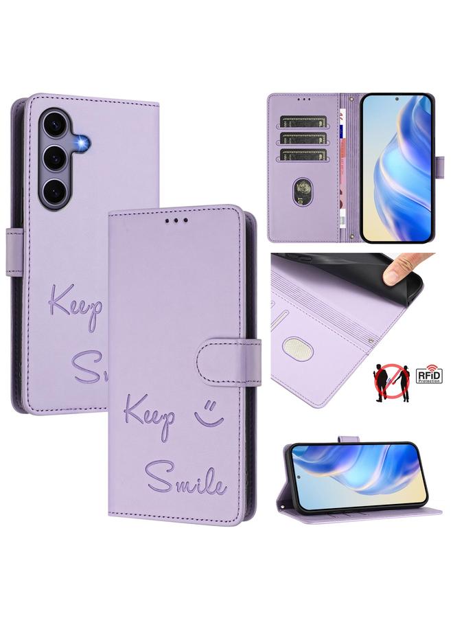 جراب جلدي لهاتف Samsung Galaxy S25 5G بنقشة ابتسامة بتقنية RFID (أرجواني فاتح)
