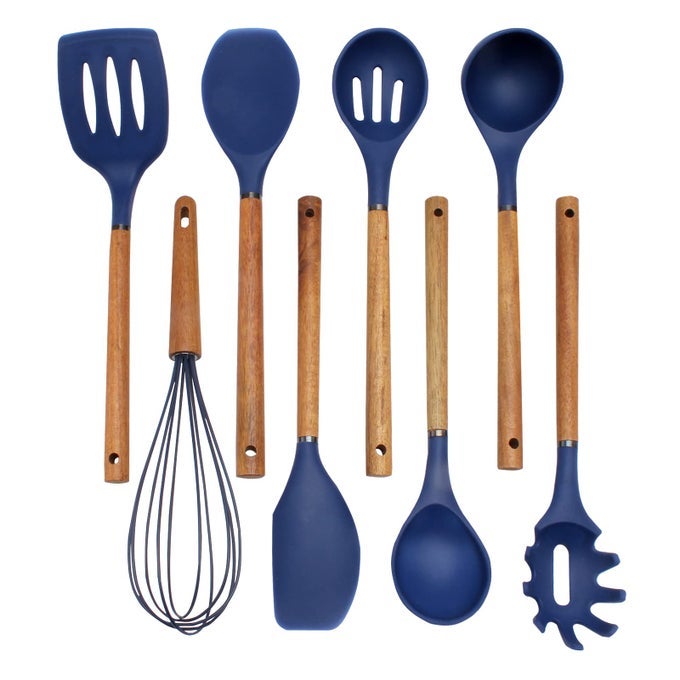 NON STICK SILICONE UTENSIL SET WITH ROUNDED WOOD HANDLES FOR COOKING AND BAKING 8 PIECE SET NAVY
