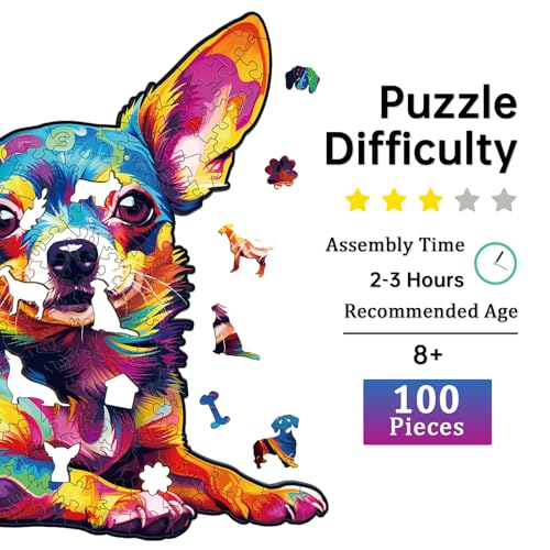 Jigfoxy Wooden Puzzles for Adults Colorful Chihuahua Dog Wood Puzzles Adult Unique AnimalShaped Wooden Jigsaw Puzzles Christmas Thanksgiving Gifts for Family and Friends S85 8in100pcs - Image 4
