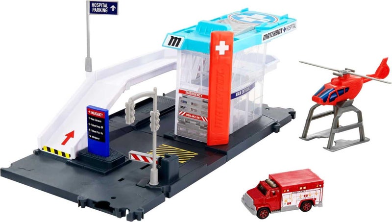Matchbox Cars Playset, Action Drivers Helicopter Rescue & 1:64 Scale Toy Ambulance & Helicopter, Connects to Other Sets - Image 1