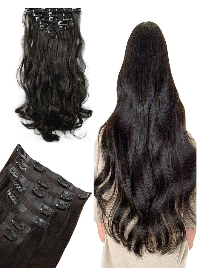 BeatStock, High Tempreature 6 Pcs set with 16 Clip Curly wavy Hair Extension in 24 inch for women and girls in Black Color - Image 1