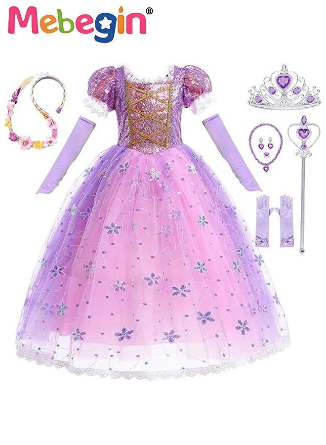 MEBEGIN Girls Stylish Tutu Dress Set with Wand, Braid, Gloves and Jewelry, Fancy Elegant Princess Dress with Floral Embroidery, Puff Sleeve Tulle Dress for Girls, Suitable for Party, Birthday, Funfair, Stage Performance, Cosplay and Any Other Special Occasions - Image 1