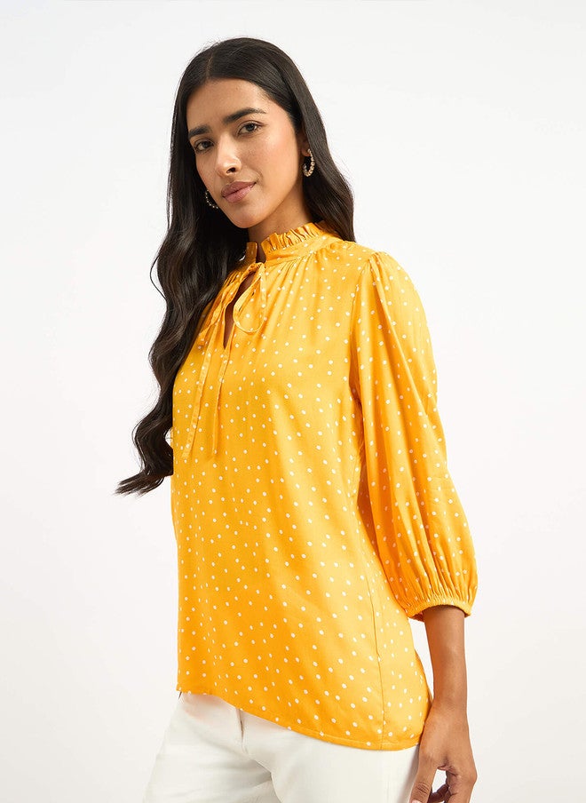 SALT ATTIRE Yellow Polka Dot Print Puff Sleeve Top - Image 4