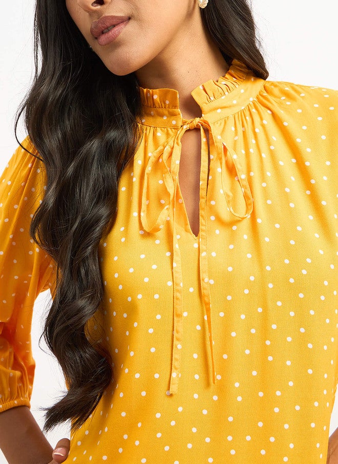 SALT ATTIRE Yellow Polka Dot Print Puff Sleeve Top - Image 3