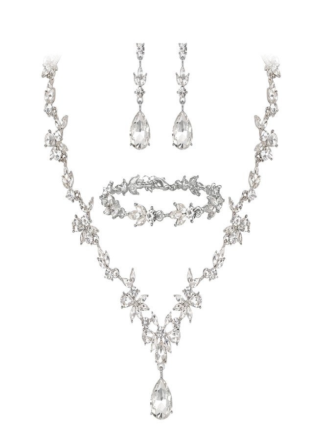 BriLove Wedding Jewelry Set for Women Bride, Y-Necklace Tennis Bracelet Dangle Earrings Set Crystal Teardrop Marquise Cluster Jewelry for Bridal Bridesmaid Clear Silver-Tone - Image 1