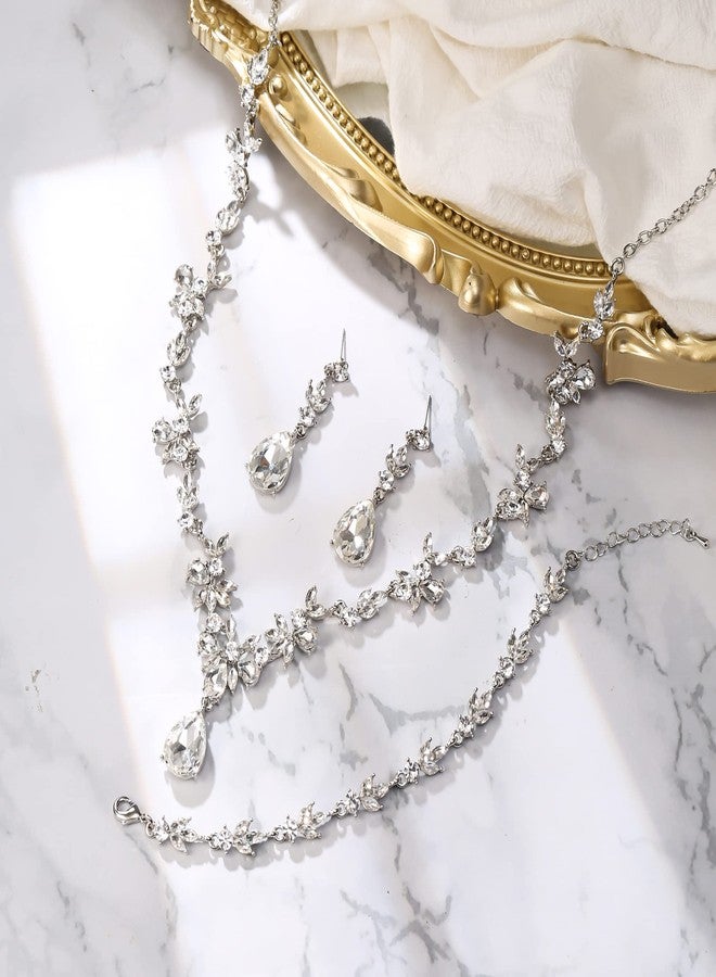 BriLove Wedding Jewelry Set for Women Bride, Y-Necklace Tennis Bracelet Dangle Earrings Set Crystal Teardrop Marquise Cluster Jewelry for Bridal Bridesmaid Clear Silver-Tone - Image 5