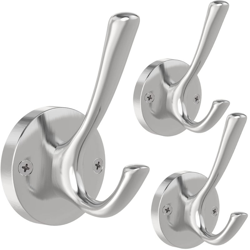 TOFIIGREM Brushed Nickel Robe Hooks Towel Hooks 3 Pack Coat Hook Heavy Duty Mudroom Hook Double Bathrobe Hook Wall Mounted Hat Hooks for Entryway Bathroom Kitchen Closet