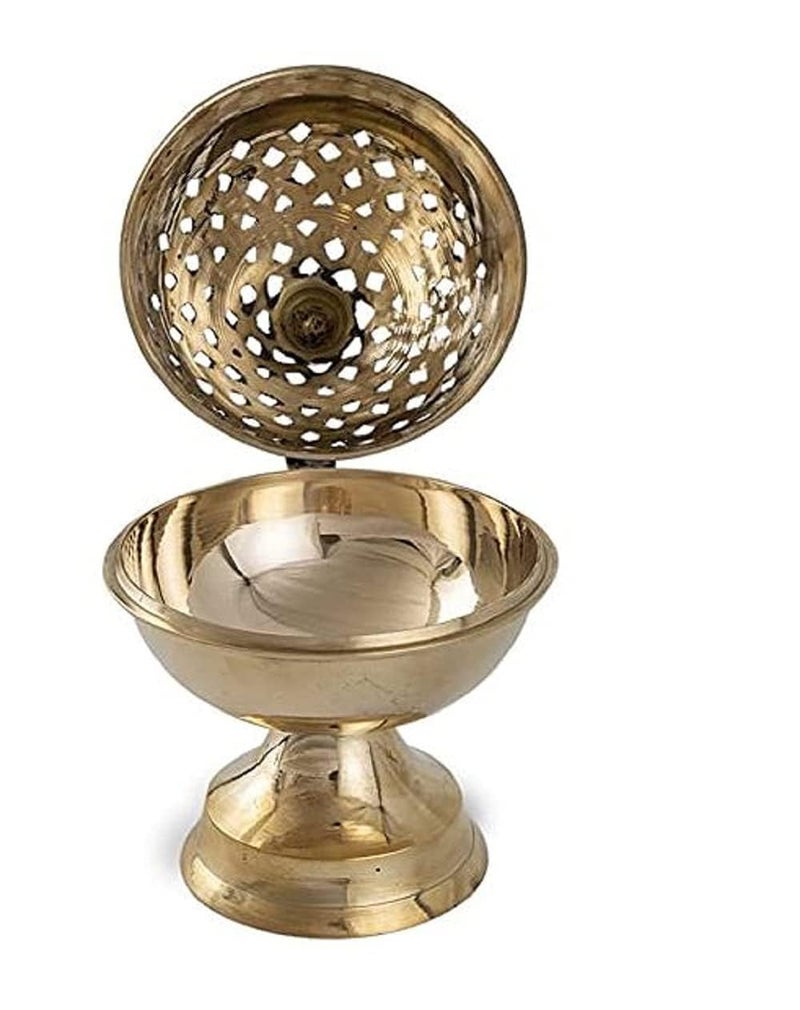 Mkd2 Rise Brass Dhuna Loban Burner, Round Dhooni Dhoop Dani Incense Burner, Table-Top Brass Incense Holder for Loban, Elegant and Traditional Dhoop Dani for Purifying Home (Small) - Image 1