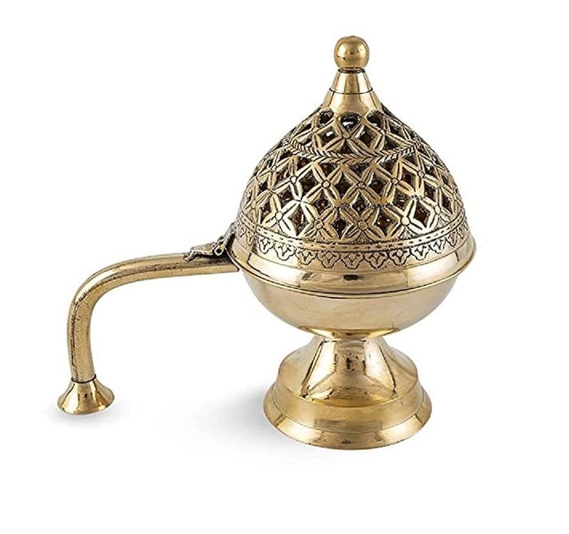 Mkd2 Rise Brass Dhuna Loban Burner, Round Dhooni Dhoop Dani Incense Burner, Table-Top Brass Incense Holder for Loban, Elegant and Traditional Dhoop Dani for Purifying Home (Small) - Image 2