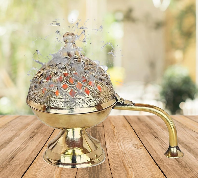 Mkd2 Rise Brass Dhuna Loban Burner, Round Dhooni Dhoop Dani Incense Burner, Table-Top Brass Incense Holder for Loban, Elegant and Traditional Dhoop Dani for Purifying Home (Small) - Image 5