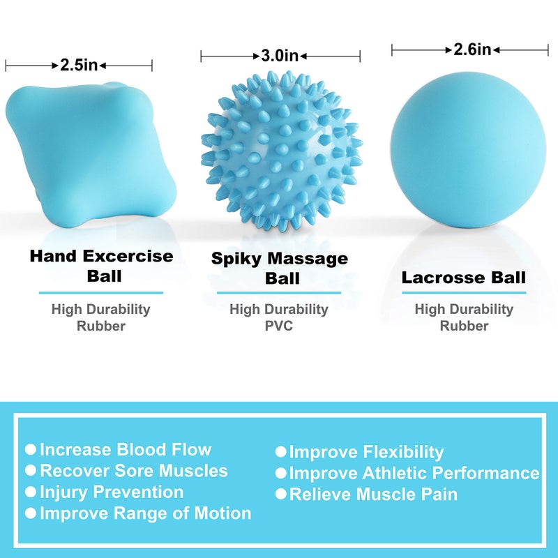 Posture Magic Massage Ball Set for Myofascial Trigger Point Release & Deep Tissue Massage - Set of 6 - Large Foam/Small Foam/Lacrosse/Peanut/Spiky/Hand Exercise Ball (Blue) - Image 3
