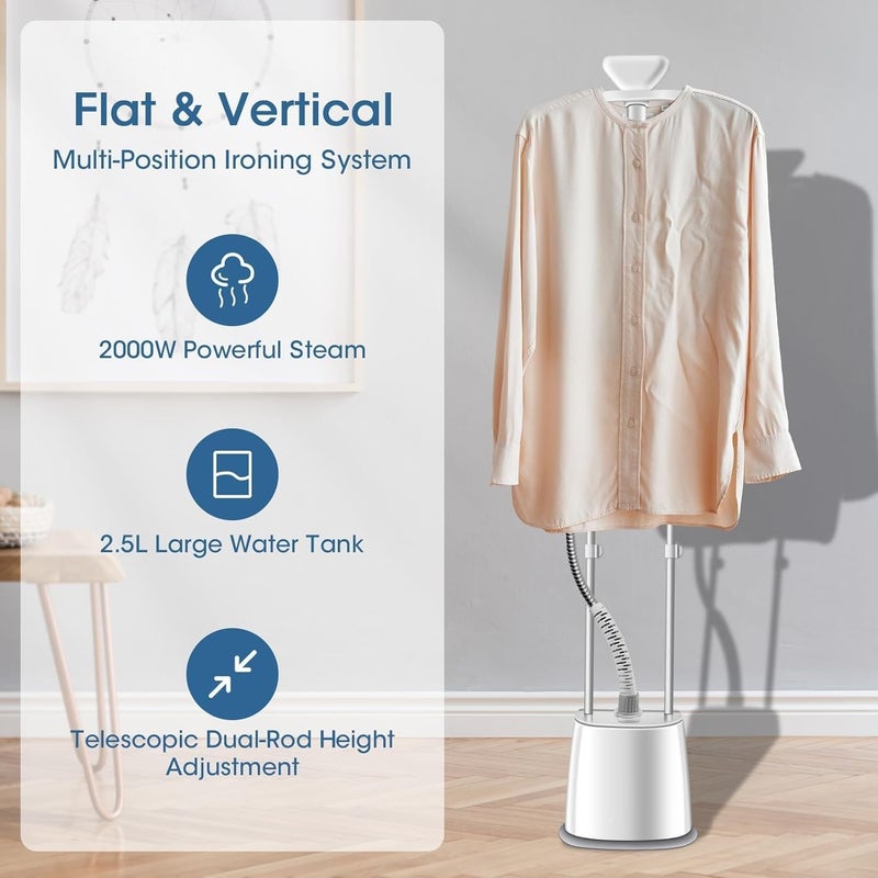 VAYMAY Garment Steamer, 2000W Vertical Clothes Steam Iron Standing Garment Steamer With Height Adjustable Steamer And Built-in Ironing Board, 2.5L Water Tank, Steam Iron, HD-718, White Color - Image 4
