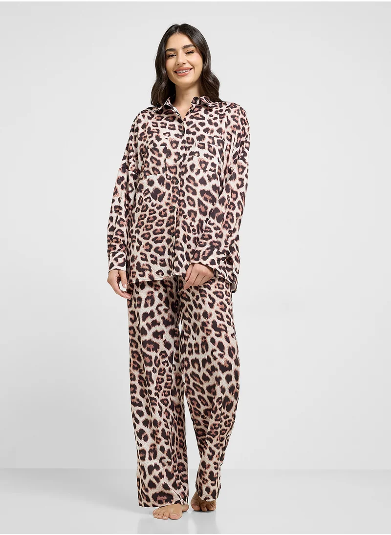 جينجر Leopard Print Relaxed Shirt & Pyjama Set