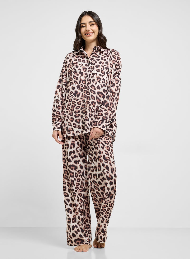 Ginger Leopard Print Relaxed Shirt & Pyjama Set  - Image 1
