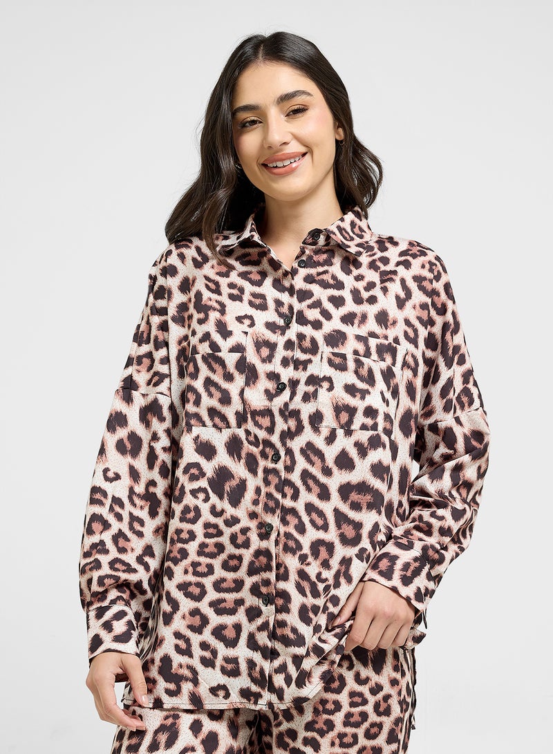 Ginger Leopard Print Relaxed Shirt & Pyjama Set  - Image 3