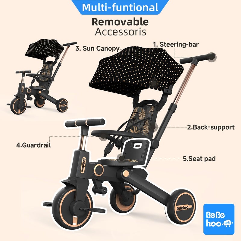 Bebehoo Tricycle Stroller for Toddler,Foldable Baby Tricycle,Kids Balance Bike with Push Handle,Toddlers Stroller Bike with 1 to 5 Years,7-in-1 Push Tricycle Bike for Kids(Gold) - Image 4