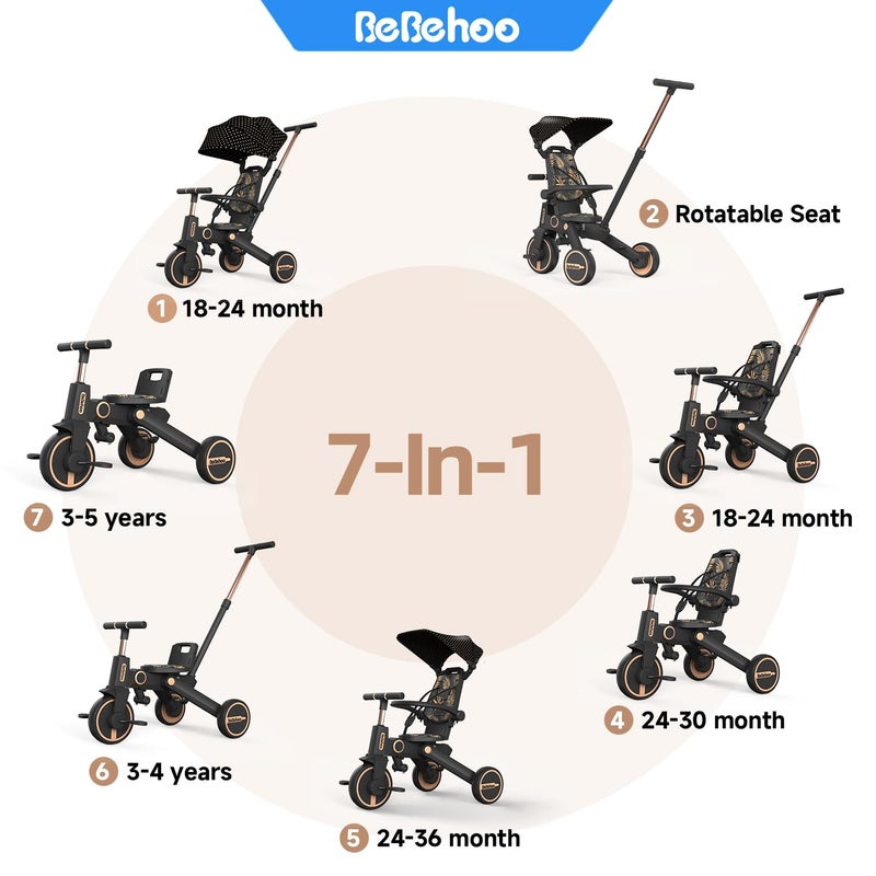 Bebehoo Tricycle Stroller for Toddler,Foldable Baby Tricycle,Kids Balance Bike with Push Handle,Toddlers Stroller Bike with 1 to 5 Years,7-in-1 Push Tricycle Bike for Kids(Gold) - Image 2