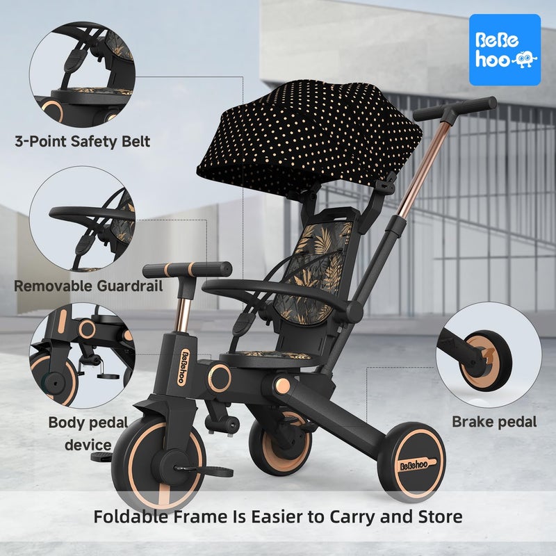 Bebehoo Tricycle Stroller for Toddler,Foldable Baby Tricycle,Kids Balance Bike with Push Handle,Toddlers Stroller Bike with 1 to 5 Years,7-in-1 Push Tricycle Bike for Kids(Gold) - Image 5