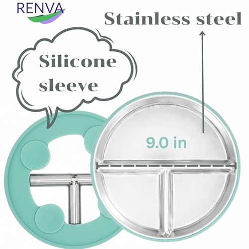 RENVA Stainless Steel Kids Plates Suction Plate for Baby,Divided Toddler Plates with Removable Silicone Sleeves for Mess-Free Feeding, Non-Toxic, Non-Slip (Green, 1 Plate) - Image 2
