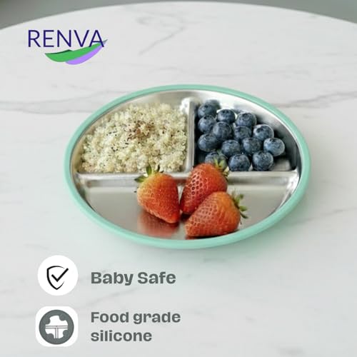 RENVA Stainless Steel Kids Plates Suction Plate for Baby,Divided Toddler Plates with Removable Silicone Sleeves for Mess-Free Feeding, Non-Toxic, Non-Slip (Green, 1 Plate) - Image 5