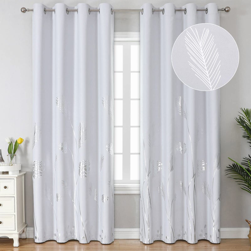 Estelar Textiler Greyish White Room Darkening Curtains 84 Inches Long Silver Palm Tree Pattern Light Filtering Window Curtain Drapes for Bedroom and Living Room 52Wx84L 2 Drapes