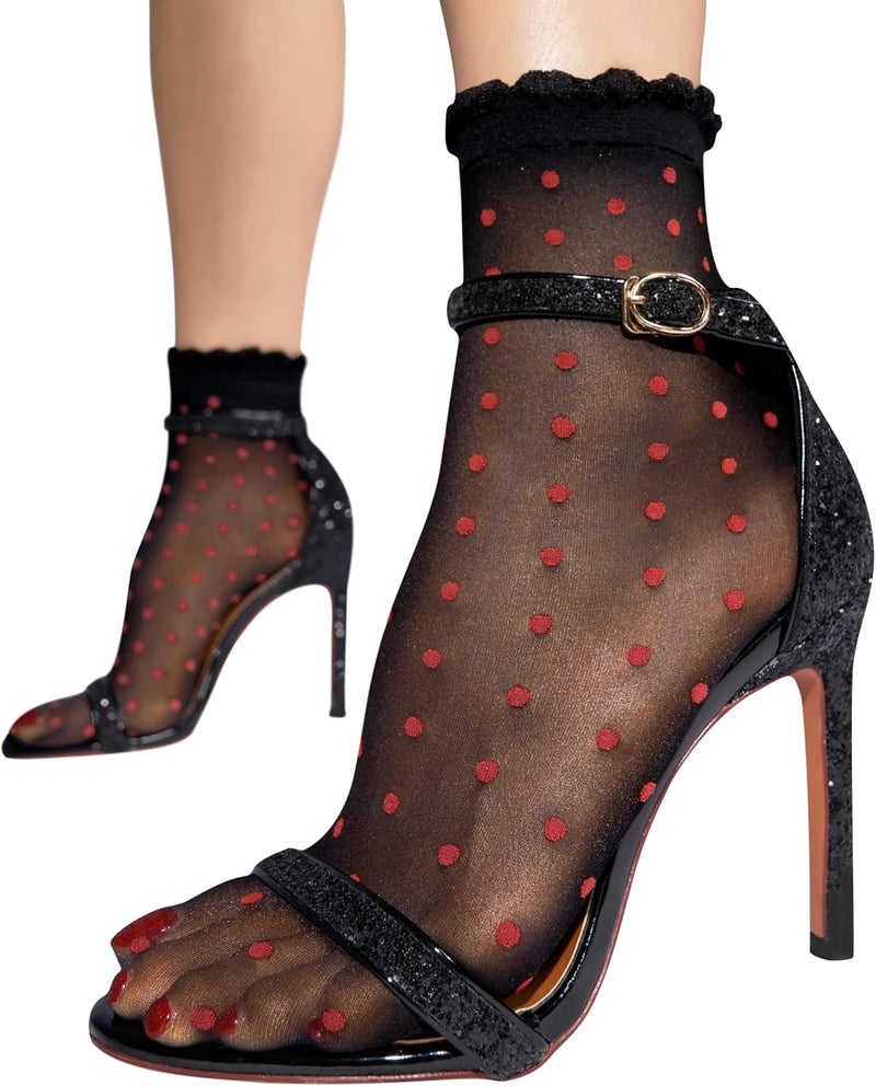 sofsy Italian Dotted Socks Collection (Ankle & Knee High) 20 Den Sheer Patterned Stockings with Ruffled Lace, Geometric Cuffs - Image 1