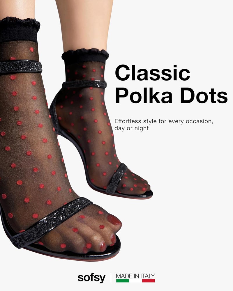 sofsy Italian Dotted Socks Collection (Ankle & Knee High) 20 Den Sheer Patterned Stockings with Ruffled Lace, Geometric Cuffs - Image 3